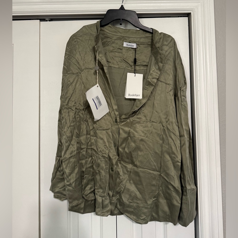 Rodebjer Olive Satin Button Down Shirt - Picture 4 of 7